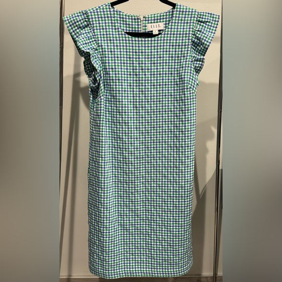 Elle Blue, Green, & White Gingham Print Midi Short Sleeve Dress Size M - Picture 1 of 16